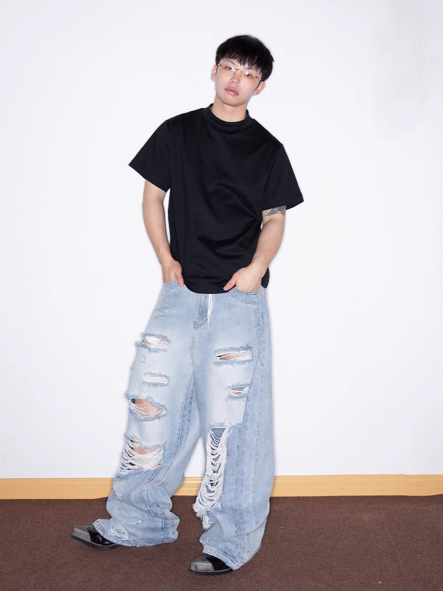 Distressed Washed Wide Silhouette Scratch Denim Pants [ID:0537PA]
