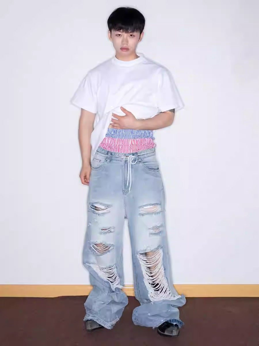 Distressed Washed Wide Silhouette Scratch Denim Pants [ID:0537PA]