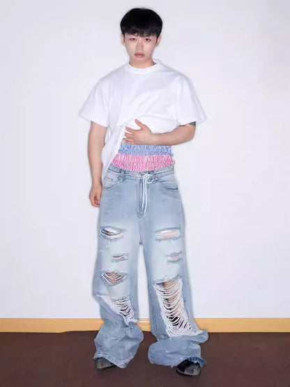 Distressed Washed Wide Silhouette Scratch Denim Pants [ID:0537PA]