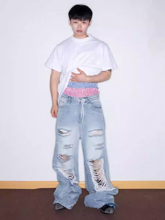 Distressed Washed Wide Silhouette Scratch Denim Pants [ID:0537PA]