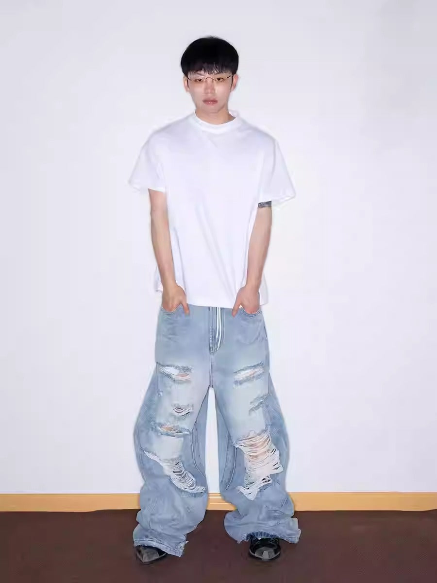 Distressed Washed Wide Silhouette Scratch Denim Pants [ID:0537PA]