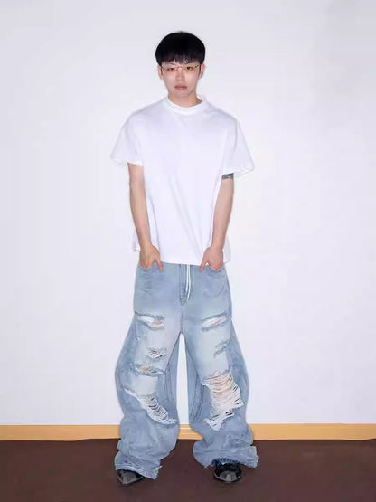 Distressed Washed Wide Silhouette Scratch Denim Pants [ID:0537PA]