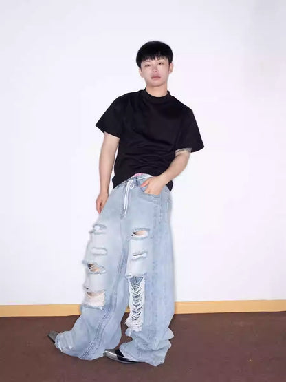 Distressed Washed Wide Silhouette Scratch Denim Pants [ID:0537PA]