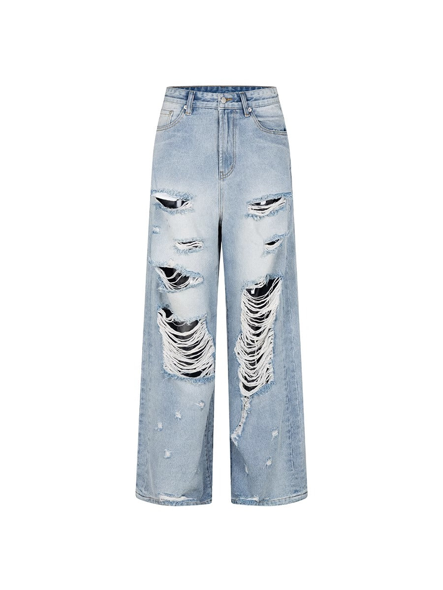 Distressed Washed Wide Silhouette Scratch Denim Pants [ID:0537PA]
