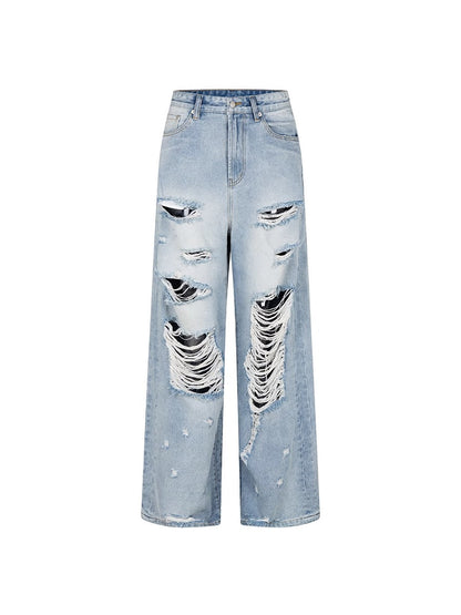 Distressed Washed Wide Silhouette Scratch Denim Pants [ID:0537PA]