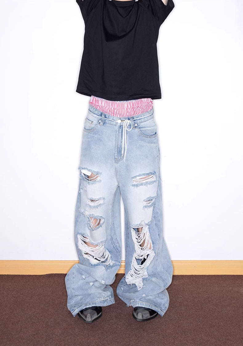 Distressed Washed Wide Silhouette Scratch Denim Pants [ID:0537PA]