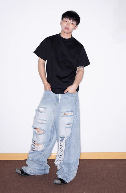 Distressed Washed Wide Silhouette Scratch Denim Pants [ID:0537PA]