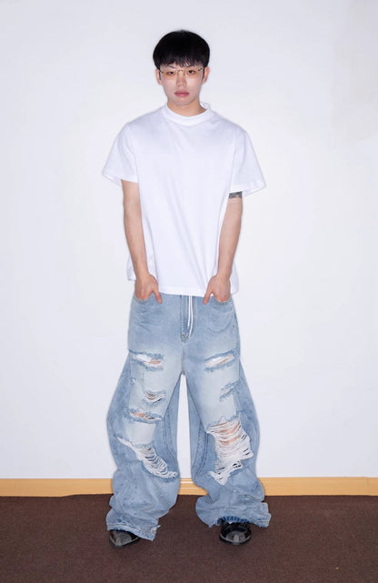 Distressed Washed Wide Silhouette Scratch Denim Pants [ID:0537PA]