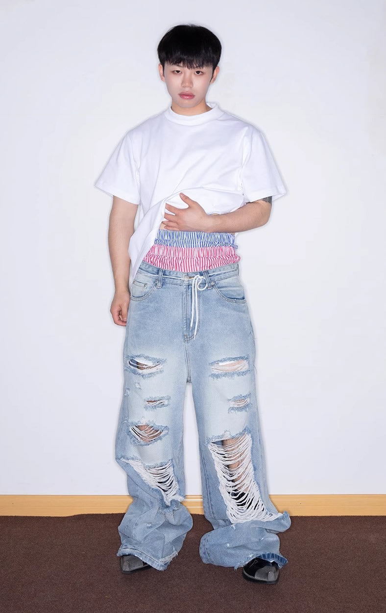 Distressed Washed Wide Silhouette Scratch Denim Pants [ID:0537PA]