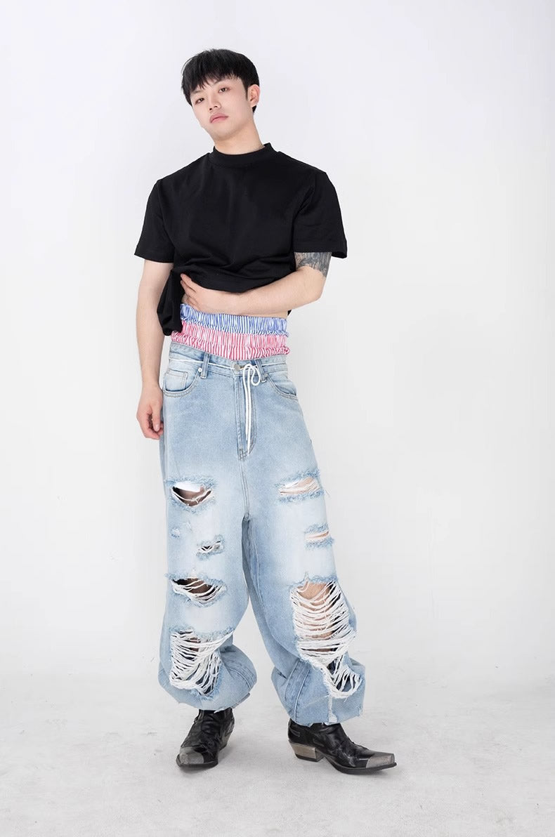 Distressed Washed Wide Silhouette Scratch Denim Pants [ID:0537PA]