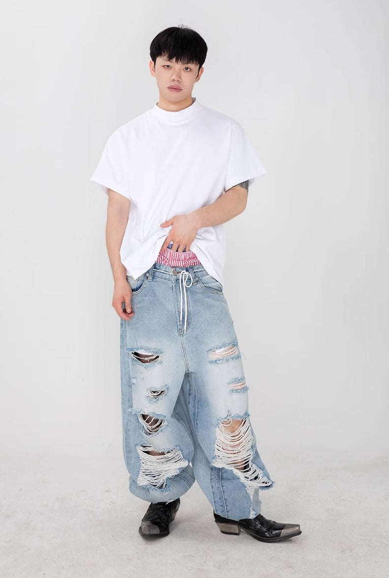 Distressed Washed Wide Silhouette Scratch Denim Pants [ID:0537PA]