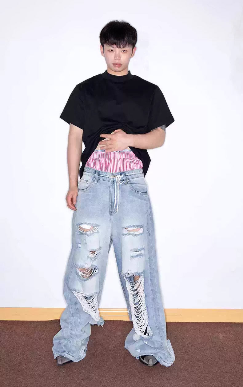 Distressed Washed Wide Silhouette Scratch Denim Pants [ID:0537PA]