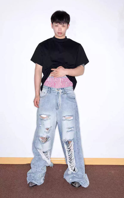 Distressed Washed Wide Silhouette Scratch Denim Pants [ID:0537PA]