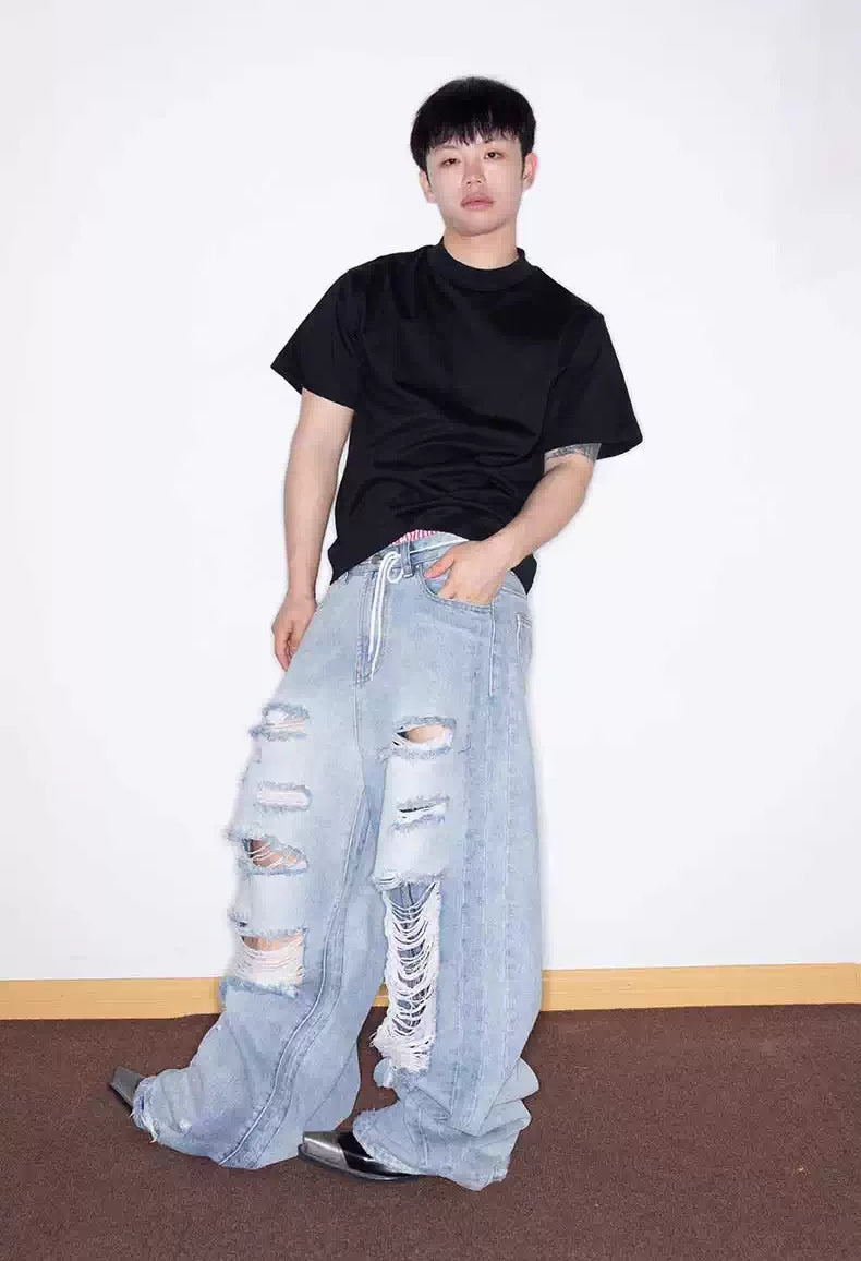 Distressed Washed Wide Silhouette Scratch Denim Pants [ID:0537PA]