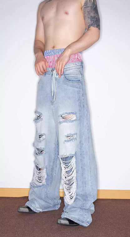 Distressed Washed Wide Silhouette Scratch Denim Pants [ID:0537PA]