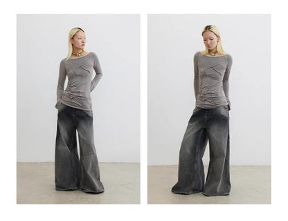 Cross Patch Washed Loose Straight Leg Denim Pant [ID:0538PA]
