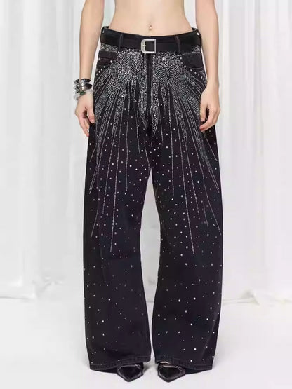 Starry Rhinestone Spray Loose American Style Denim Pants [ID:0539PA]