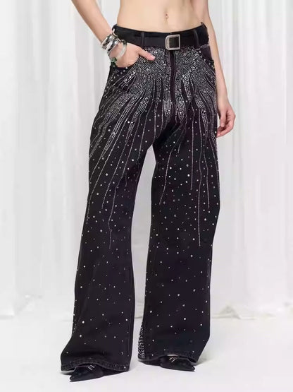 Starry Rhinestone Spray Loose American Style Denim Pants [ID:0539PA]