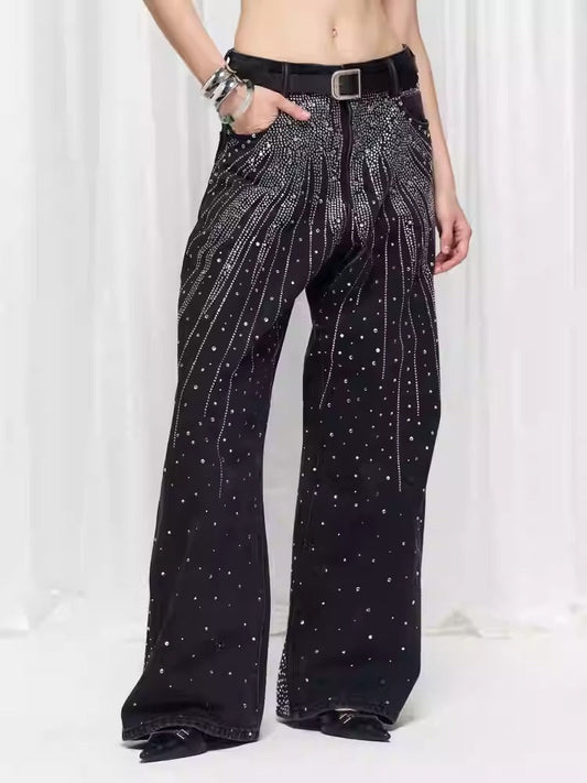 Starry Rhinestone Spray Loose American Style Denim Pants [ID:0539PA]