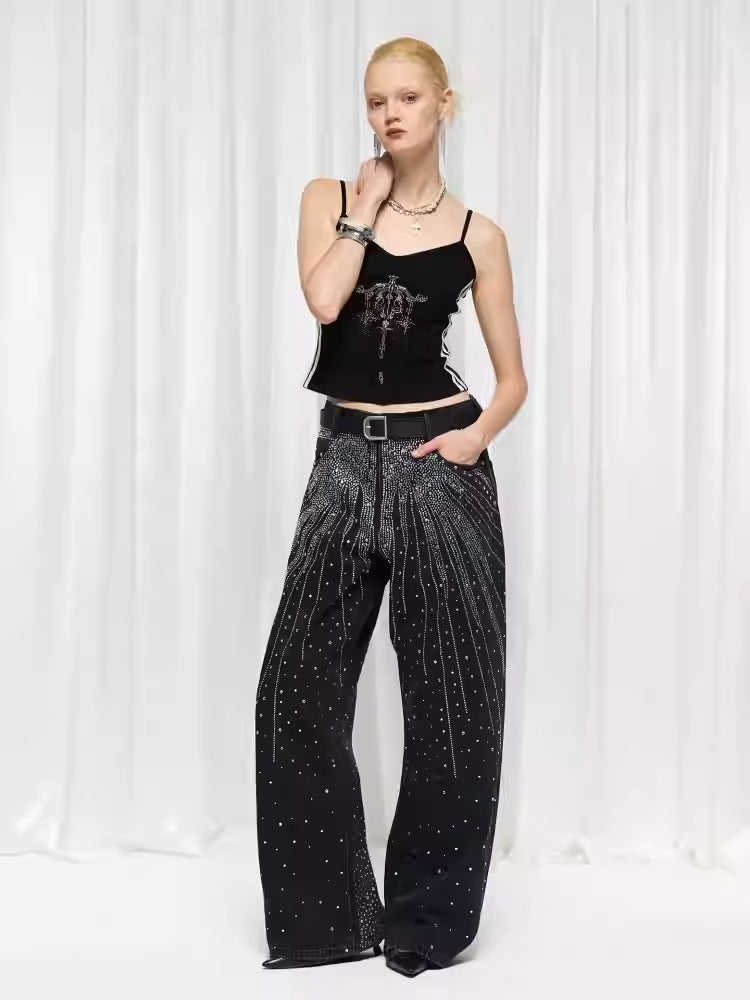 Starry Rhinestone Spray Loose American Style Denim Pants [ID:0539PA]