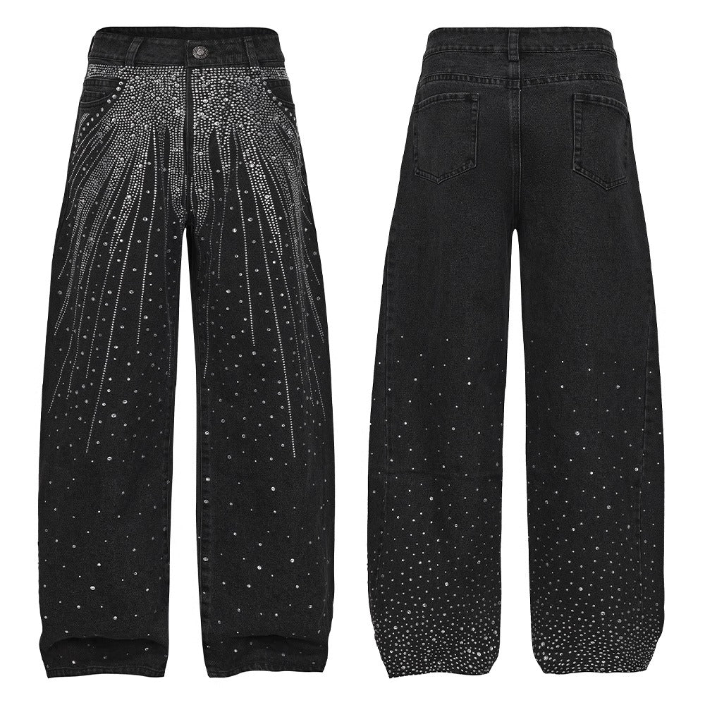 Starry Rhinestone Spray Loose American Style Denim Pants [ID:0539PA]