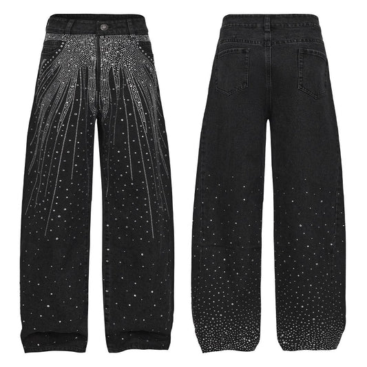 Starry Rhinestone Spray Loose American Style Denim Pants [ID:0539PA]