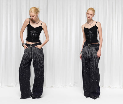 Starry Rhinestone Spray Loose American Style Denim Pants [ID:0539PA]