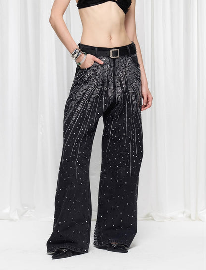 Starry Rhinestone Spray Loose American Style Denim Pants [ID:0539PA]