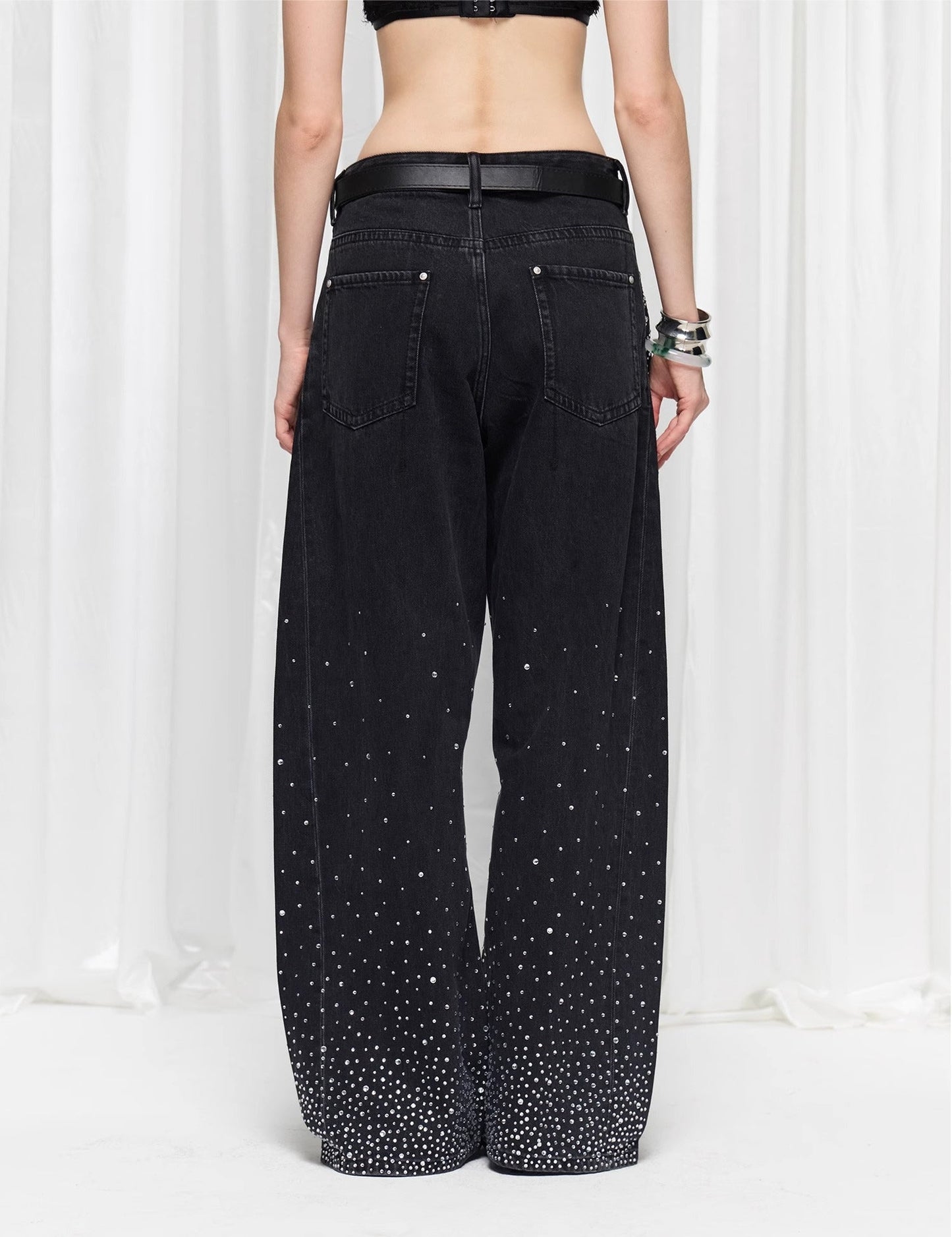 Starry Rhinestone Spray Loose American Style Denim Pants [ID:0539PA]