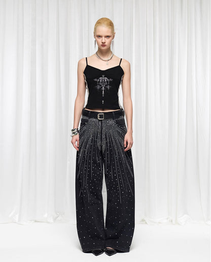 Starry Rhinestone Spray Loose American Style Denim Pants [ID:0539PA]