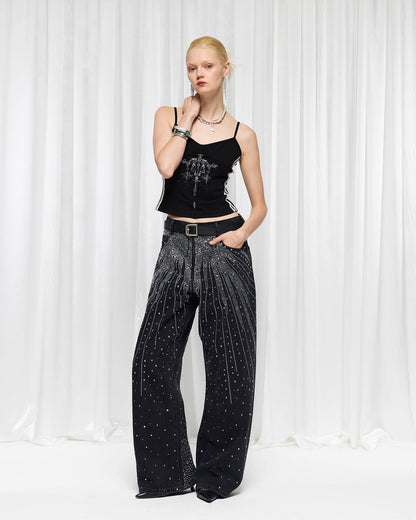 Starry Rhinestone Spray Loose American Style Denim Pants [ID:0539PA]