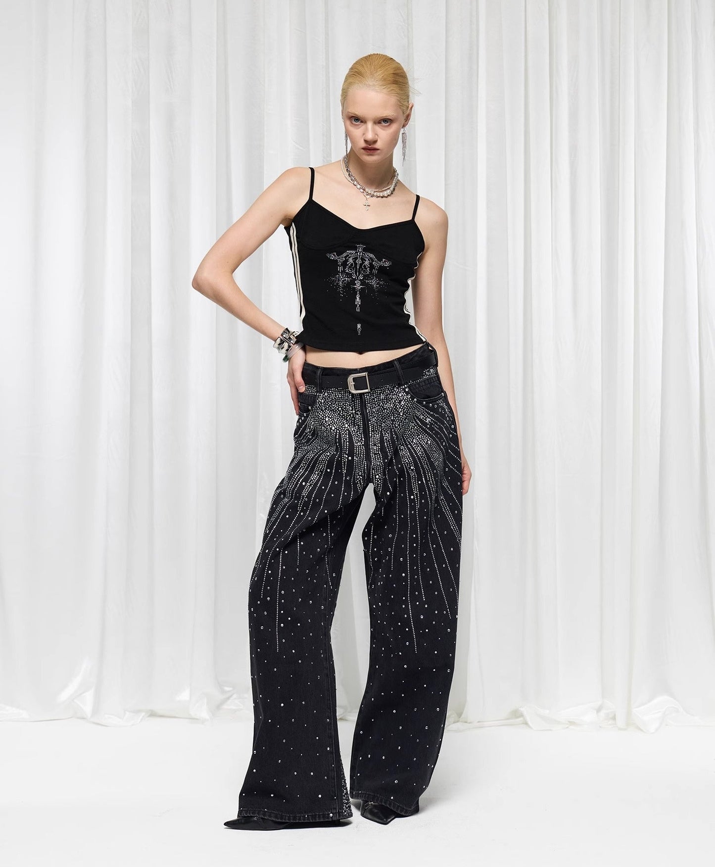 Starry Rhinestone Spray Loose American Style Denim Pants [ID:0539PA]