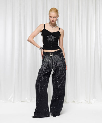 Starry Rhinestone Spray Loose American Style Denim Pants [ID:0539PA]