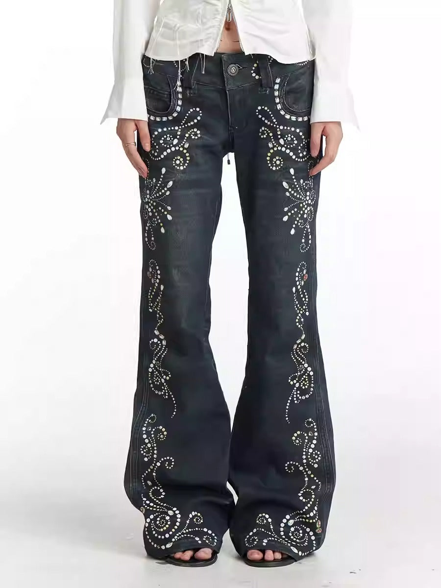 Vintage Gem Floral Print Flared Faux Denim Pants [ID:0540PA]