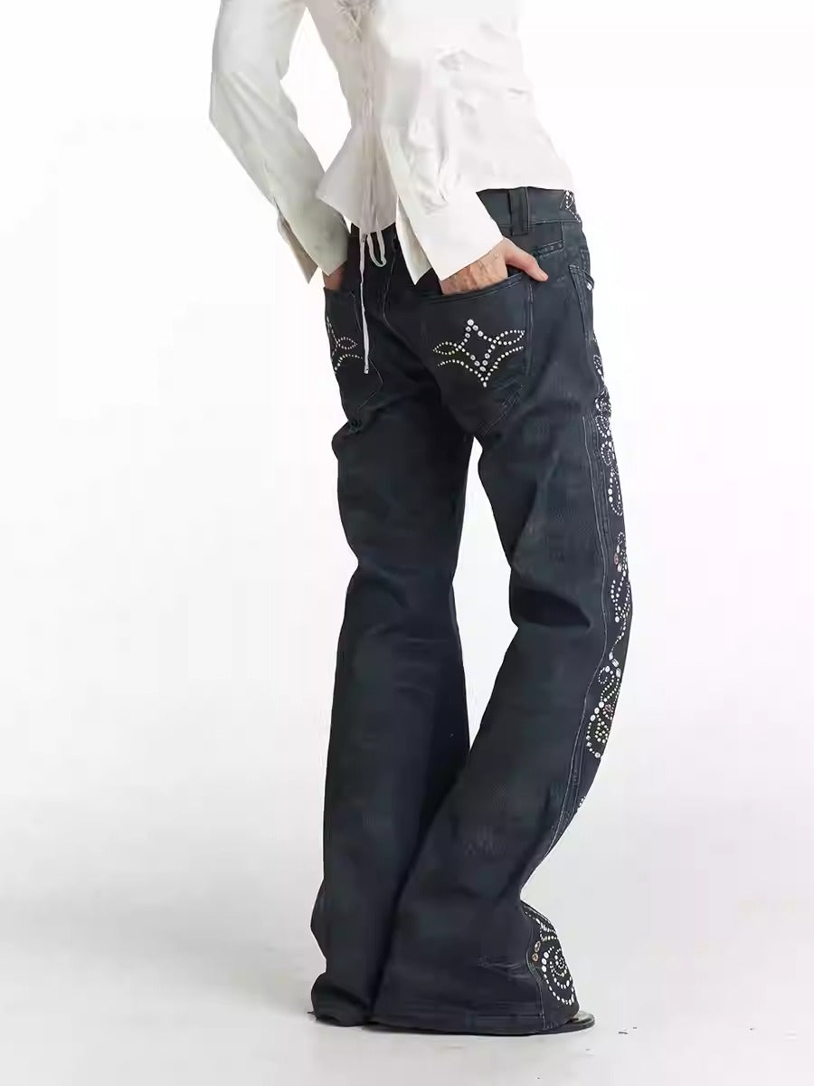 Vintage Gem Floral Print Flared Faux Denim Pants [ID:0540PA]