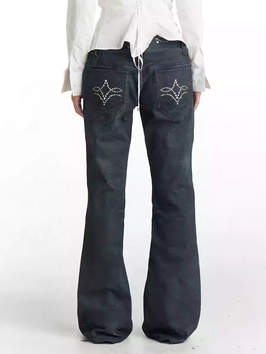 Vintage Gem Floral Print Flared Faux Denim Pants [ID:0540PA]