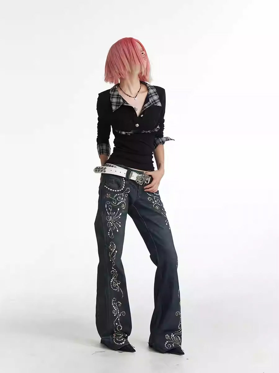 Vintage Gem Floral Print Flared Faux Denim Pants [ID:0540PA]