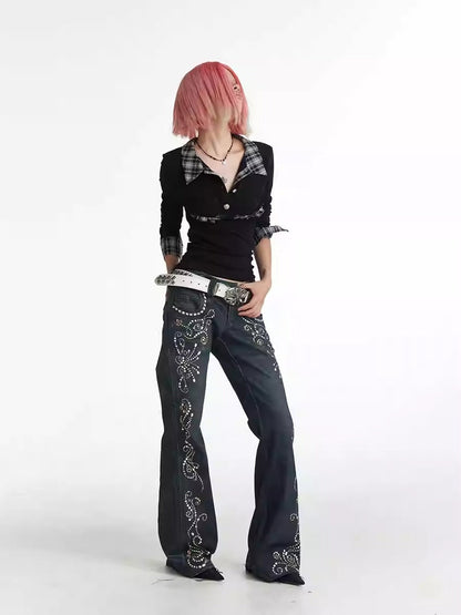 Vintage Gem Floral Print Flared Faux Denim Pants [ID:0540PA]