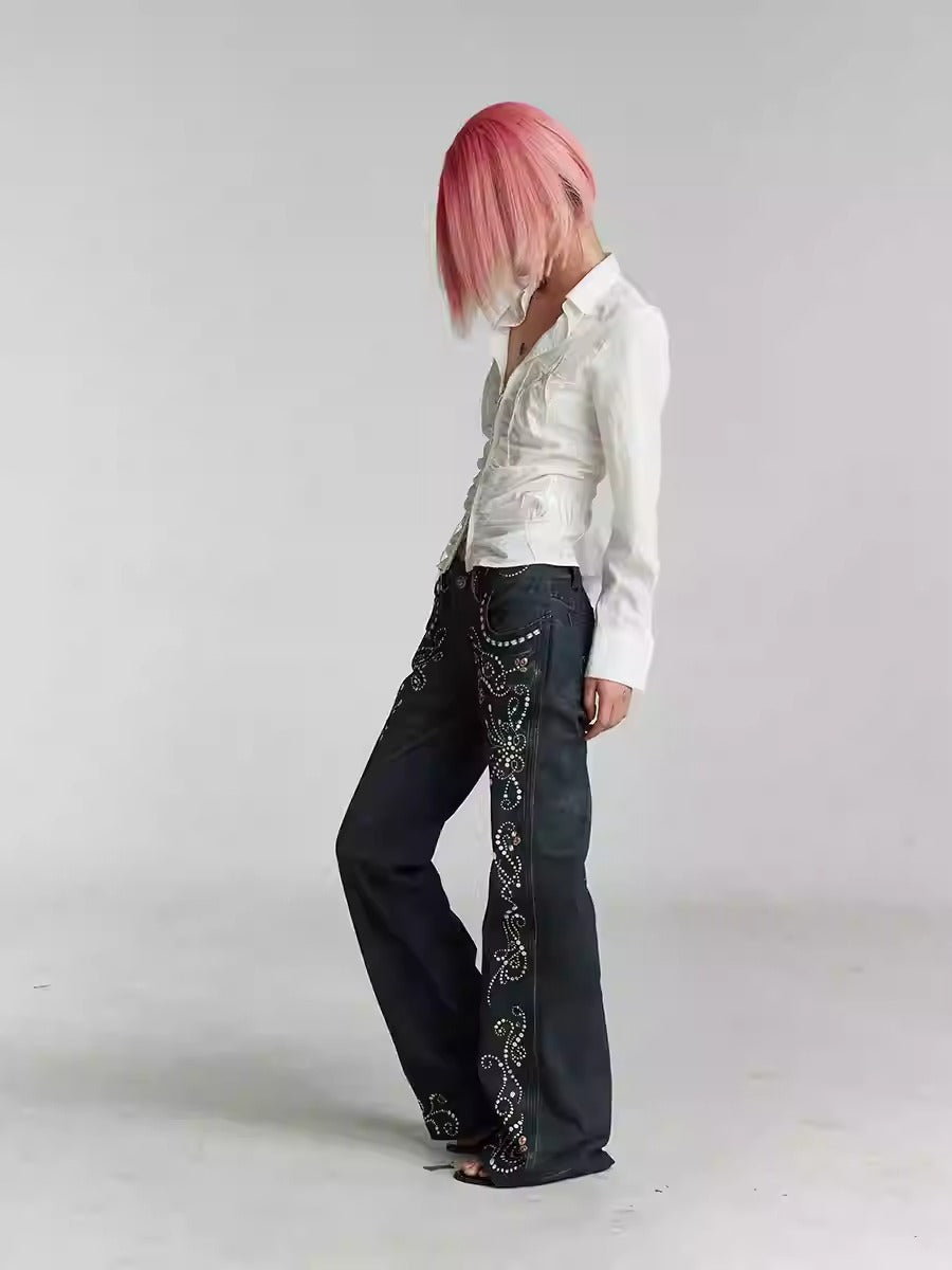 Vintage Gem Floral Print Flared Faux Denim Pants [ID:0540PA]