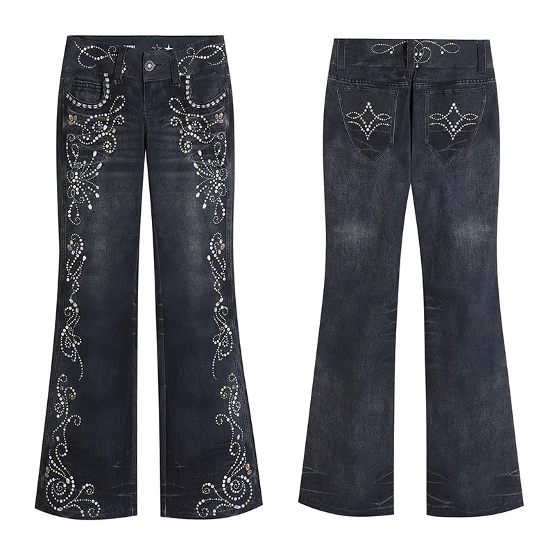 Vintage Gem Floral Print Flared Faux Denim Pants [ID:0540PA]