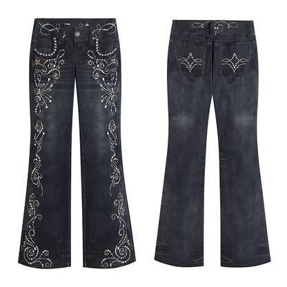 Vintage Gem Floral Print Flared Faux Denim Pants [ID:0540PA]