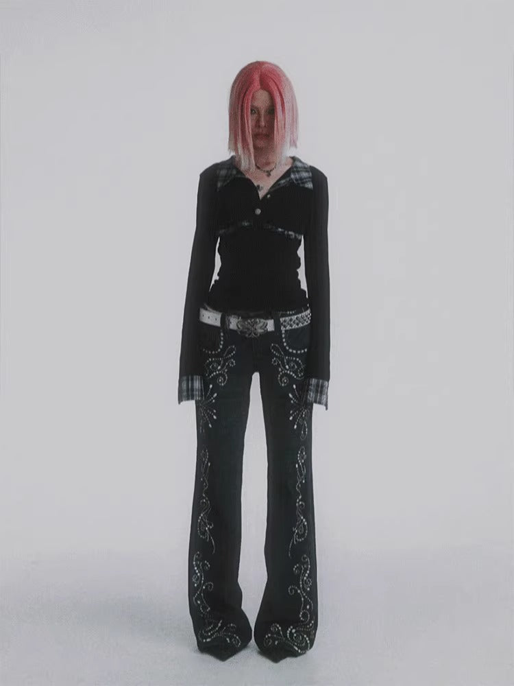 Vintage Gem Floral Print Flared Faux Denim Pants [ID:0540PA]