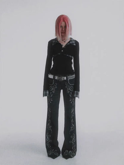 Vintage Gem Floral Print Flared Faux Denim Pants [ID:0540PA]
