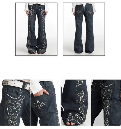 Vintage Gem Floral Print Flared Faux Denim Pants [ID:0540PA]