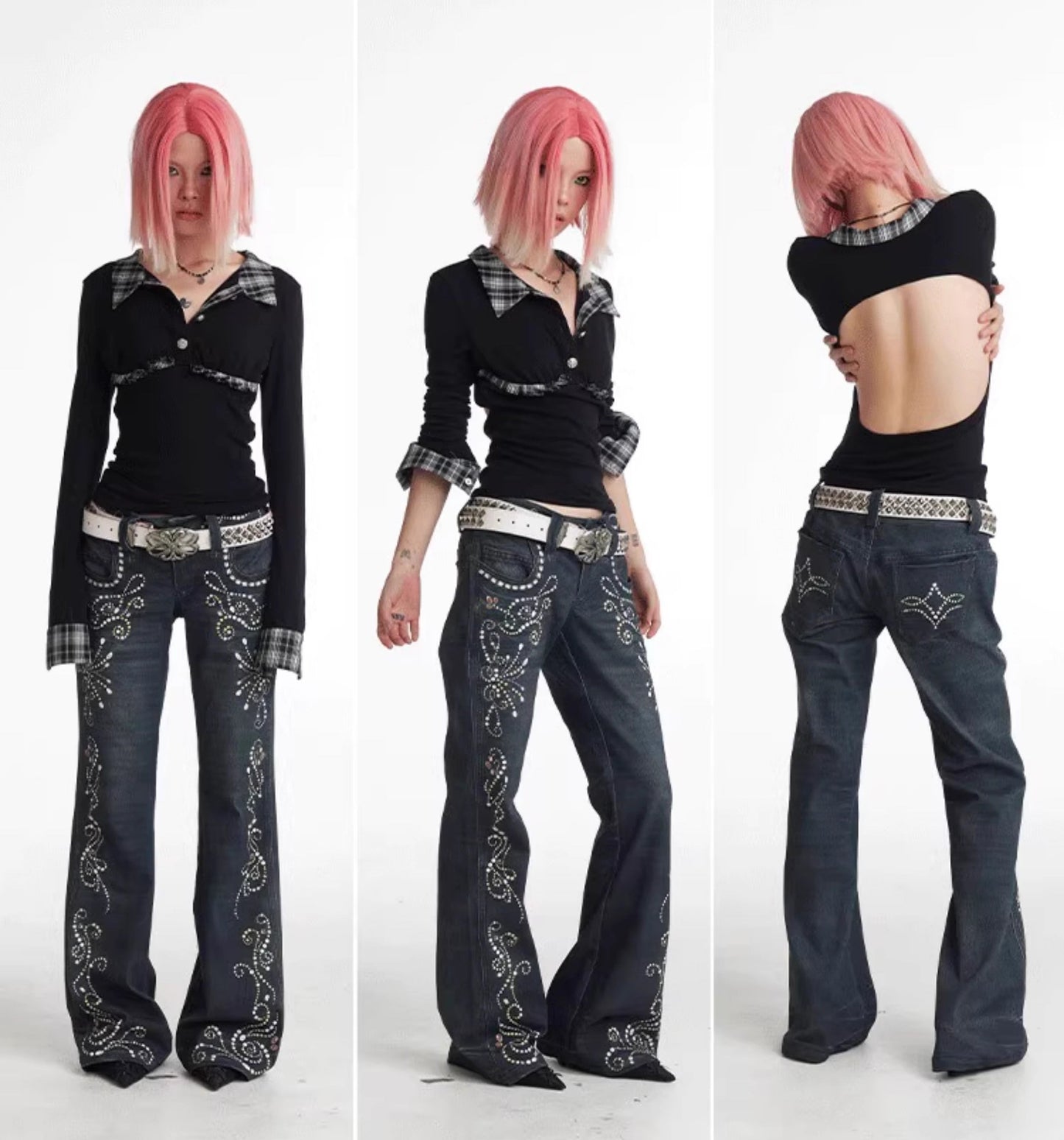 Vintage Gem Floral Print Flared Faux Denim Pants [ID:0540PA]