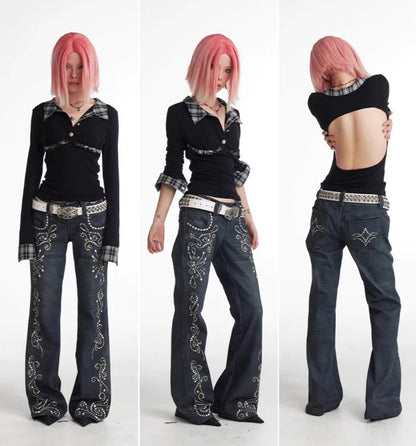 Vintage Gem Floral Print Flared Faux Denim Pants [ID:0540PA]