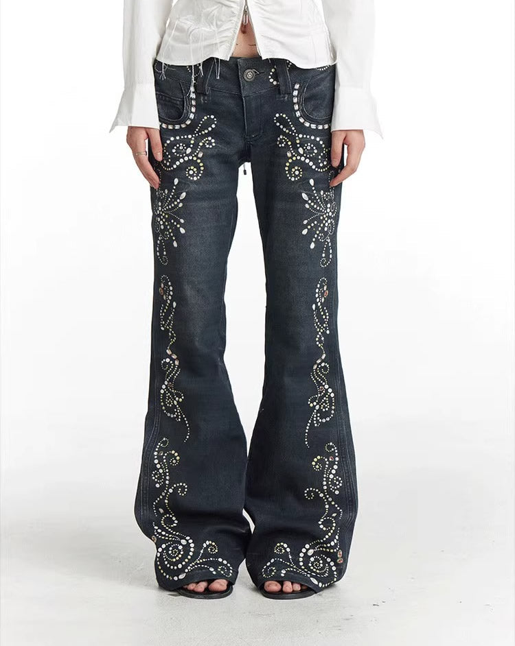 Vintage Gem Floral Print Flared Faux Denim Pants [ID:0540PA]