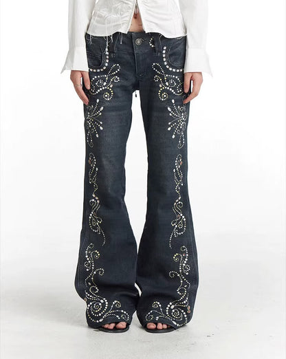 Vintage Gem Floral Print Flared Faux Denim Pants [ID:0540PA]