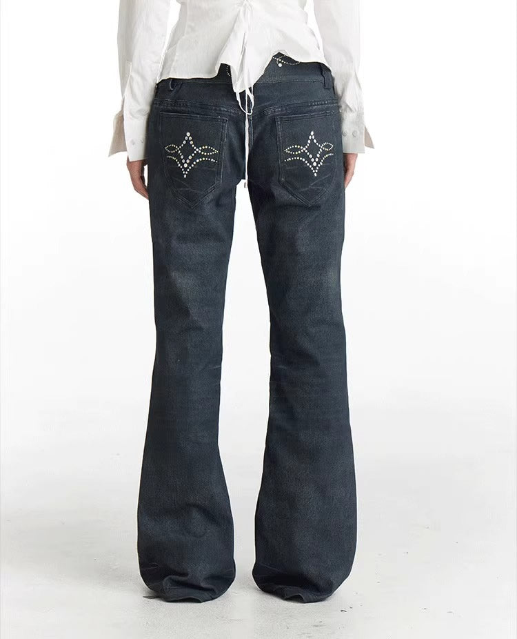 Vintage Gem Floral Print Flared Faux Denim Pants [ID:0540PA]