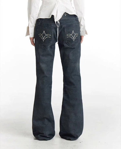 Vintage Gem Floral Print Flared Faux Denim Pants [ID:0540PA]